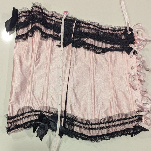 Pink Satin Corset With Black Lace and Bows Details - Picture 7 of 7